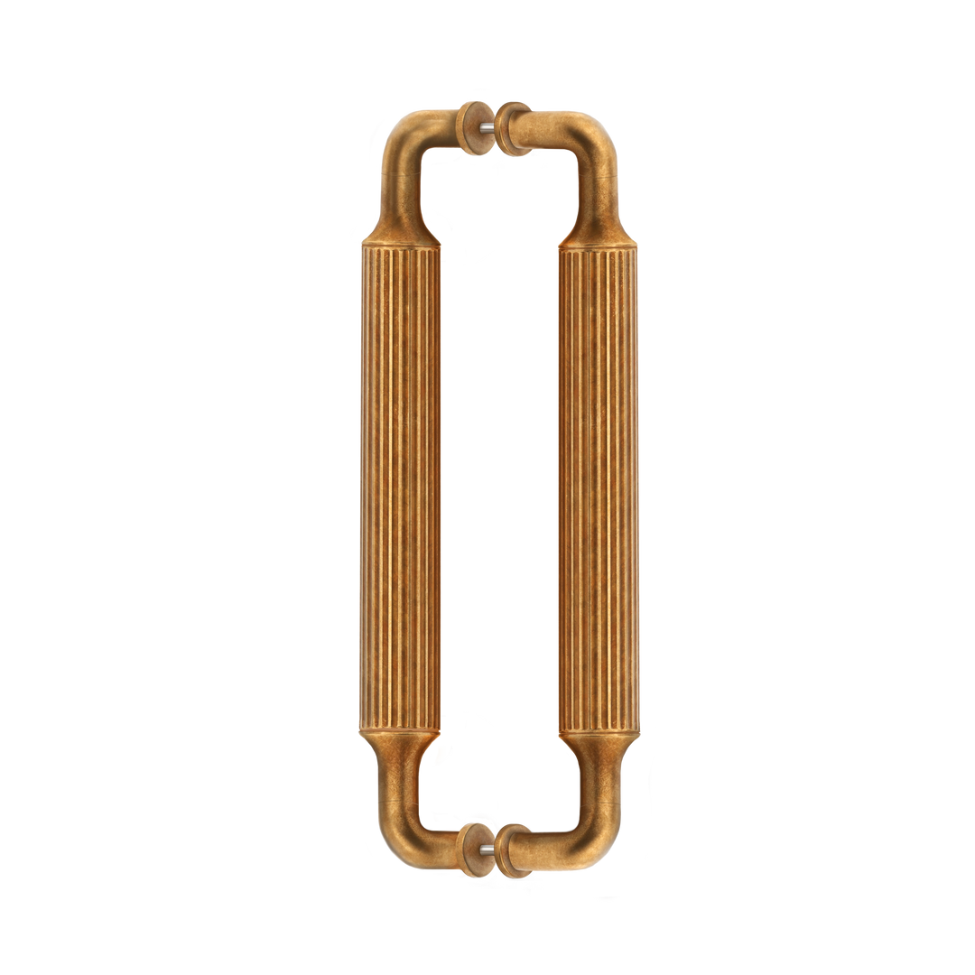 Barwick Ridged Back to Back Pull Handles in our aged brass (BEL) finish