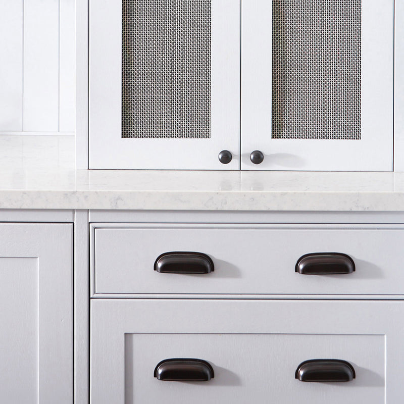 Features our Coarse Mesh in our polished nickel plate (PNP) grille finish | Project by Provincial Kitchens Home.