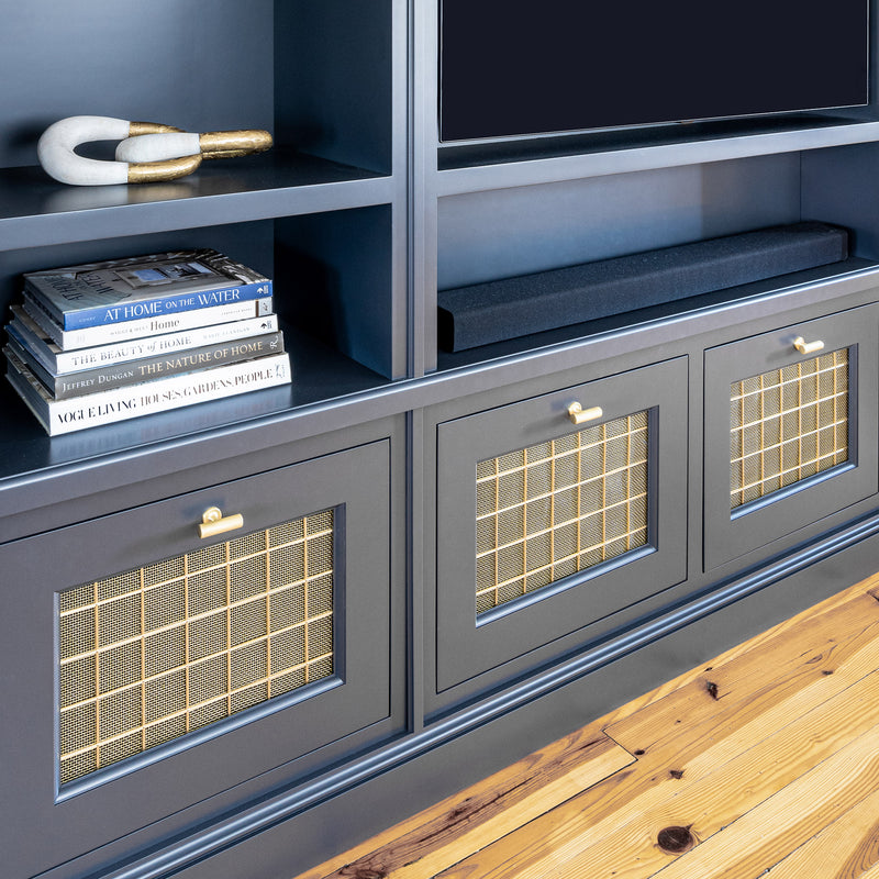 Features our 54mm Georgian Square Grille  with Fine Mesh Backing in our satin brass lacquered (SBL) grille finish | Project by Jarrett Design.