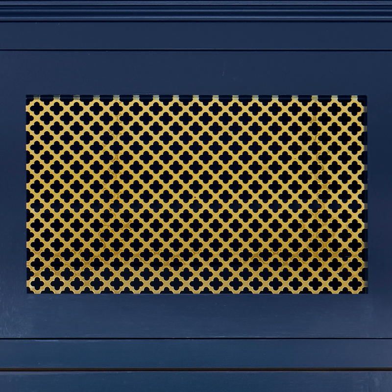 Features our Large Perforated Club Grille in our polished brass lacquered (PBL) grille finish | Project by Kate Walker Design.